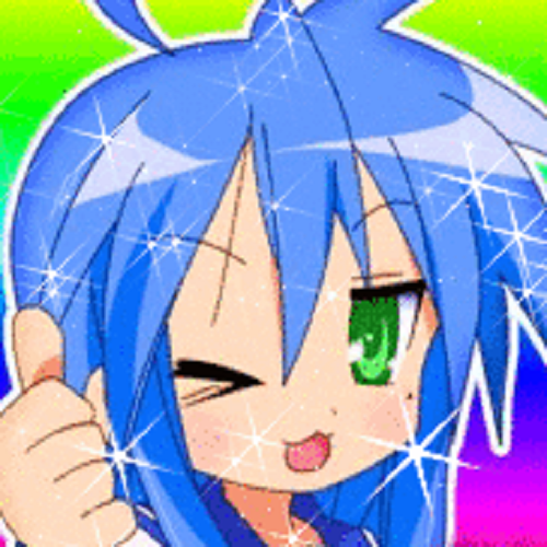 A VERY COLORFUL IMAGE OF KONATA IZUMI FROM LUCKY STAR. SHE'S GIVING A THUMBS UP.