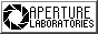 A BUTTON THAT READS 'APERTURE LABORATORIES' WITH THE LOGO ON THE LEFT.