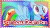 A STAMP OF RAINBOW DASH FROM MY LITTLE PONY THAT READS 'RAINBOW DASH FAN'.