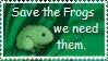 A STAMP THAT READS 'SAVE THE FROGS. WE NEED THEM'.