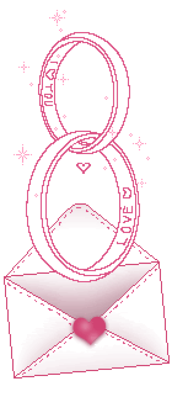 AN OPEN ENVELOPE WITH TWO INTERLOCKED RINGS ABOVE IT. THE RINGS READ 'I HEART YOU' AND 'LOVE' RESPECTIVELY.